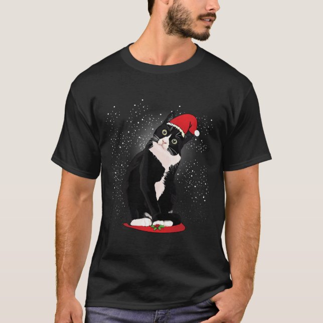 Tuxedo Cat Christmas Santa Claus Snow Winter Costu T-Shirt (Front)