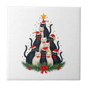 Tuxedo Cat Christmas Tree Tuxedo Cat Lights Xmas M Ceramic Tile