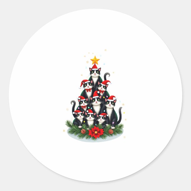 Tuxedo Cat Christmas Tree Tuxedo Cat Lights Xmas M Classic Round Sticker (Front)