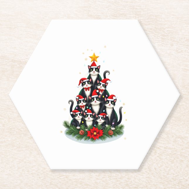 Tuxedo Cat Christmas Tree Tuxedo Cat Lights Xmas M Paper Coaster (Front)