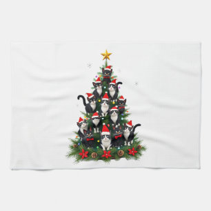Tuxedo Cat Christmas Tree Tuxedo Cat Lights Xmas M Tea Towel