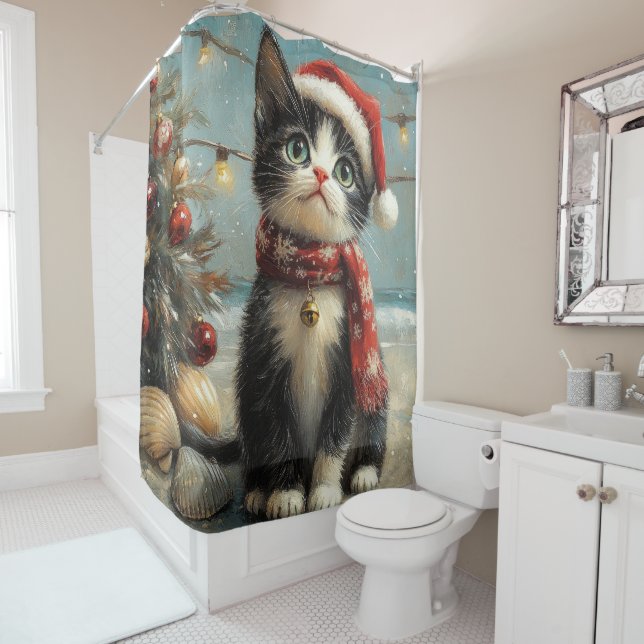 Tuxedo Cat Christmas Vintage Beach Shower Curtain (In Situ)