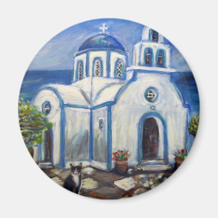 Tuxedo Cat Church on Greek Island painting Magnet