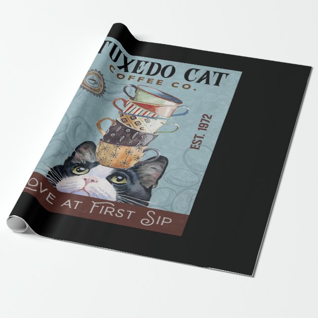 Tuxedo Cat Coffee Co. Love At First Sip Funny Cat Wrapping Paper (Unrolled)