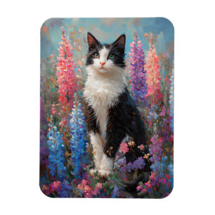 Tuxedo Cat Colourful Lupine Flowers Flexible Magnet