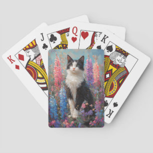 Tuxedo Cat Colourful Lupine Flowers Painting Playing Cards