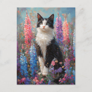 Tuxedo Cat Colourful Lupine Flowers Painting Postcard