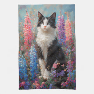 Tuxedo Cat Colourful Lupine Flowers Painting Tea Towel