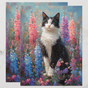 Tuxedo Cat Colourful Lupine Flowers Scrapbook Pape