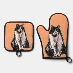Tuxedo Cat Cute Cats Black White Pastel Orange Oven Mitt & Pot Holder Set