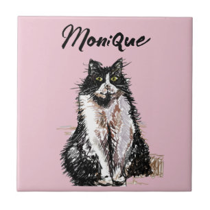 Tuxedo Cat Cute Cats Black White Pastel Pink Ceramic Tile