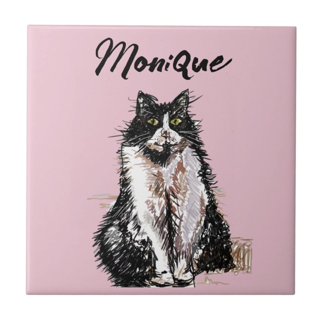 Tuxedo Cat Cute Cats Black White Pastel Pink Ceramic Tile (Front)