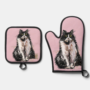 Tuxedo Cat Cute Cats Black White Pastel Pink Oven Mitt & Pot Holder Set