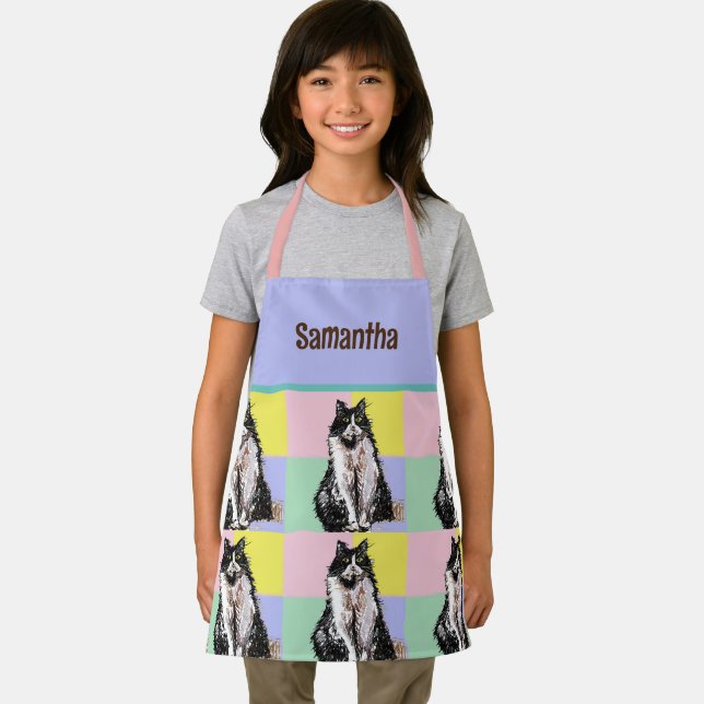 Tuxedo Cat Cute Cats Black White Pastel Rainbow Apron (Insitu)