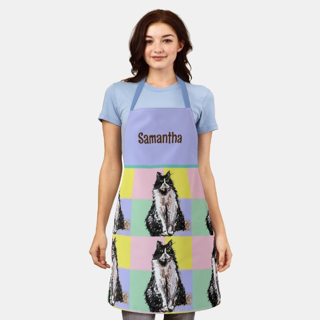Tuxedo Cat Cute Cats Black White Pastel Rainbow Apron (Worn)