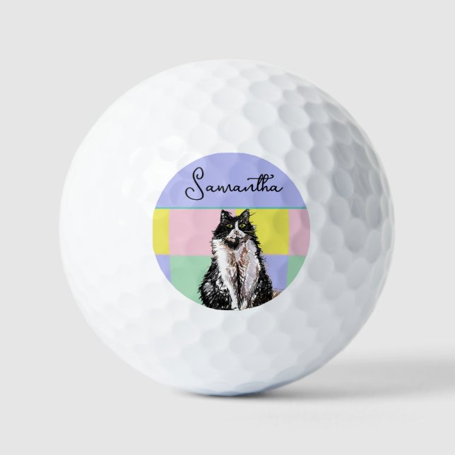 Tuxedo Cat Cute Cats Black White Pastel Rainbow Golf Balls (Front)