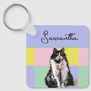 Tuxedo Cat Cute Cats Black White Pastel Rainbow Key Ring
