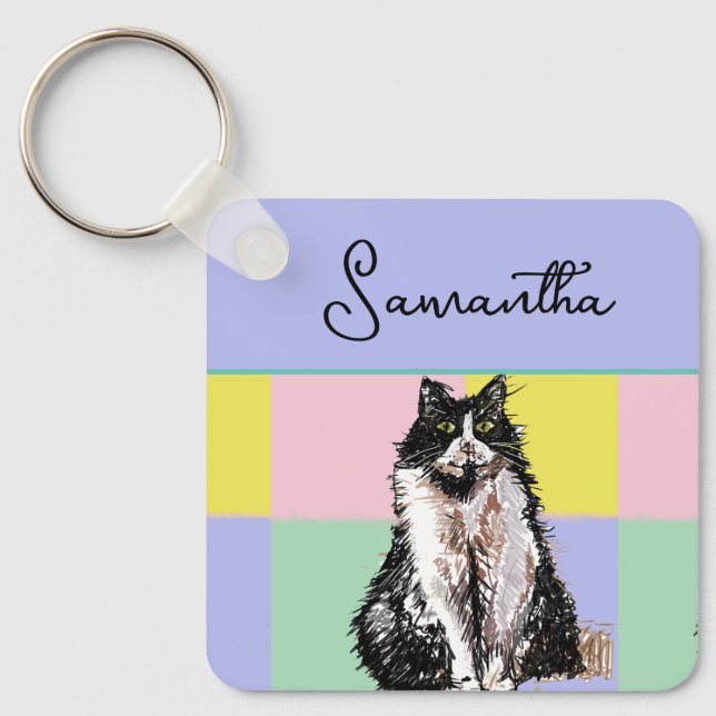 Tuxedo Cat Cute Cats Black White Pastel Rainbow Key Ring (Front)