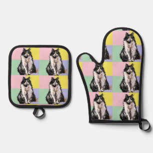 Tuxedo Cat Cute Cats Black White Pastel Rainbow Oven Mitt & Pot Holder Set