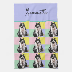 Tuxedo Cat Cute Cats Black White Pastel Rainbow Tea Towel