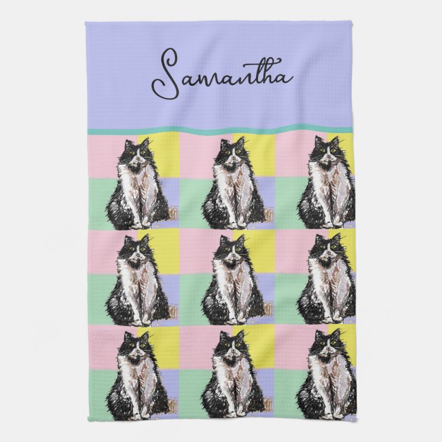 Tuxedo Cat Cute Cats Black White Pastel Rainbow Tea Towel (Vertical)