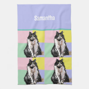 Tuxedo Cat Cute Cats Black White Pastel Rainbow Tea Towel