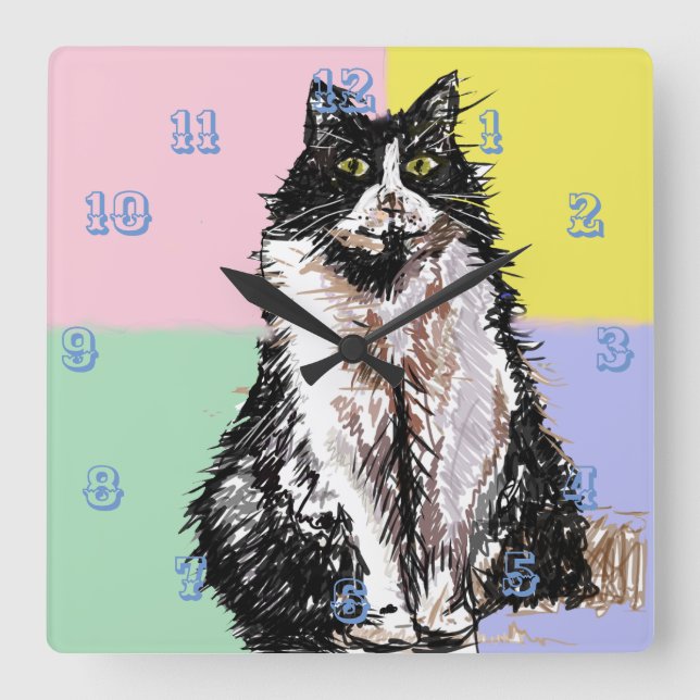 Tuxedo Cat Cute Cats Kids Girls Pastel Room Square Wall Clock (Front)