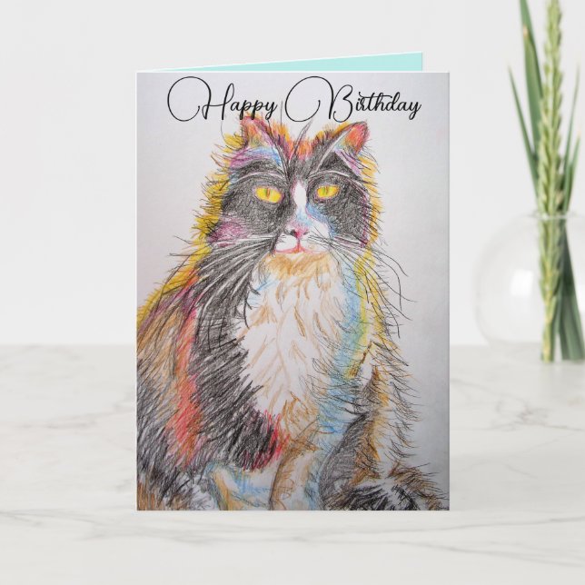 Tuxedo Cat Cute Cats Pencil Drawing Birthday Card (Front)