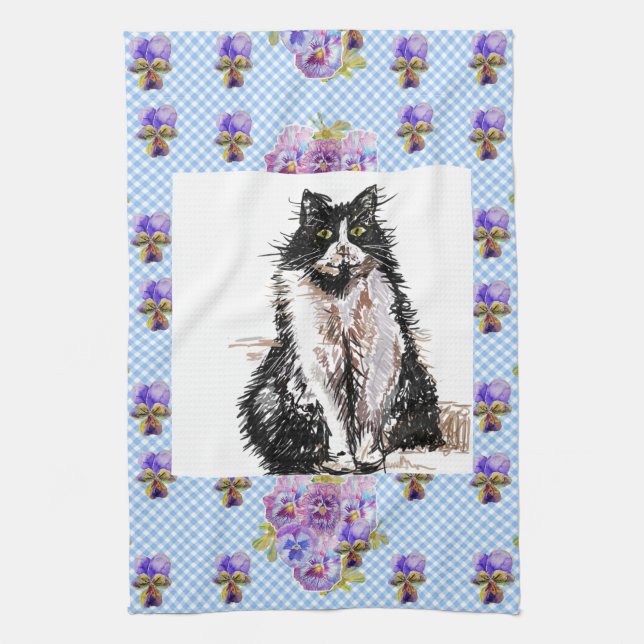 Tuxedo Cat Cute Drawing Black White Cats Tea Towel (Vertical)