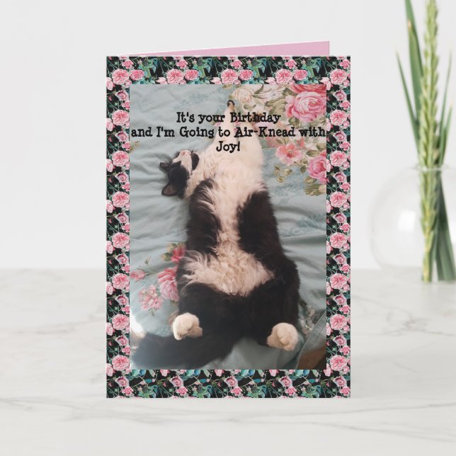 Tuxedo Cat Cute Funny Air Kneading Cats Roses Card (Front)