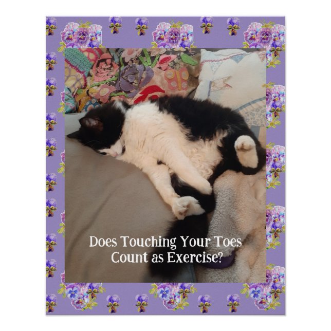 Tuxedo Cat Cute Happy Birthday Touching Toes Card Poster (Front)