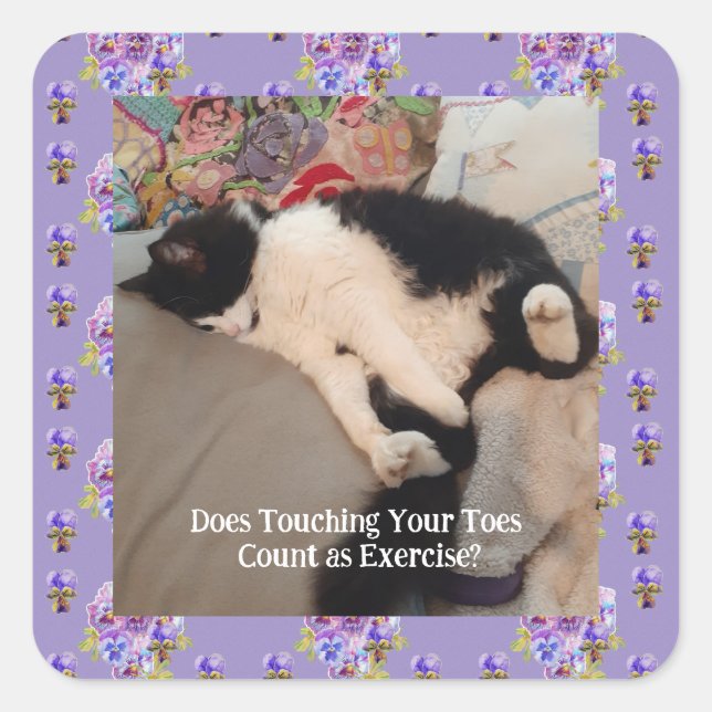 Tuxedo Cat Cute Happy Birthday Touching Toes Card Square Sticker (Front)