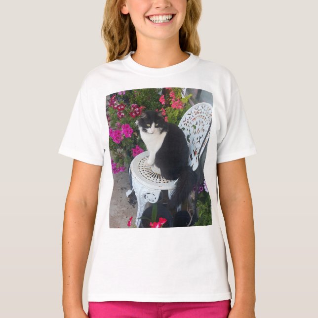Tuxedo Cat Cute Pretty Flowers Black Cats Girls T-Shirt (Front)