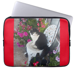 Tuxedo Cat Cute Pretty Flowers Cats Birthday Card Laptop Sleeve