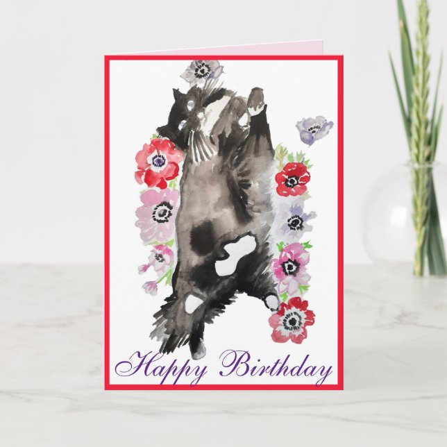 Tuxedo Cat Cute Pretty Flowers Cats Watercolor Car Card (Front)