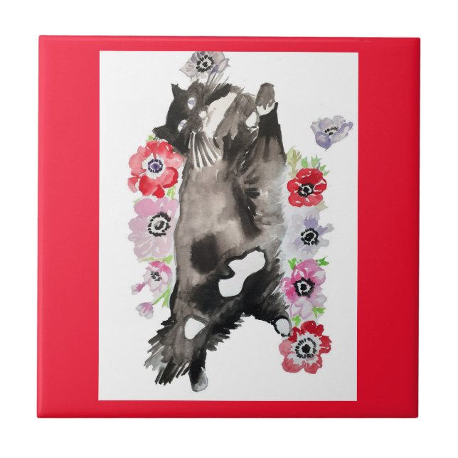 Tuxedo Cat Cute Pretty Flowers Cats Watercolor Ceramic Tile (Front)