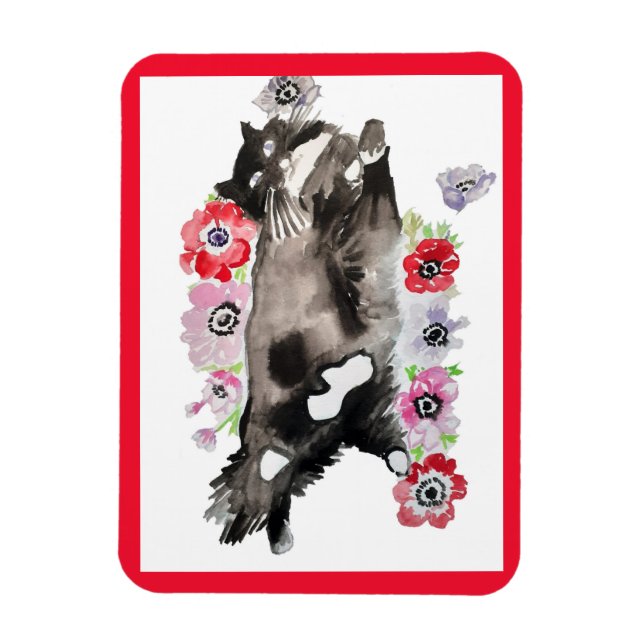 Tuxedo Cat Cute Pretty Flowers Cats Watercolor Magnet (Vertical)