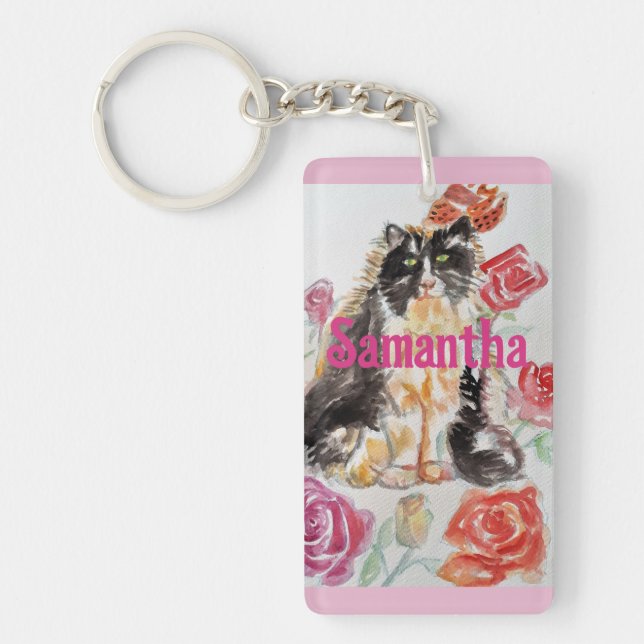 Tuxedo Cat Cute Roses Flowers Cats Name Rose Key Ring (Front)