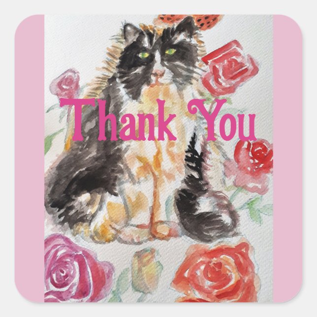 Tuxedo Cat Cute Roses Flowers Cats Thank You Rose Square Sticker (Front)