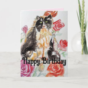 Tuxedo Cat Cute Roses Flowers Cats Watercolor Rose Card