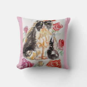 Tuxedo Cat Cute Roses Flowers Cats Watercolor Rose Cushion