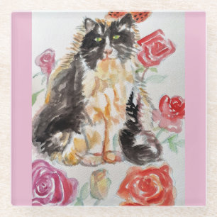 Tuxedo Cat Cute Roses Flowers Cats Watercolor Rose Glass Coaster
