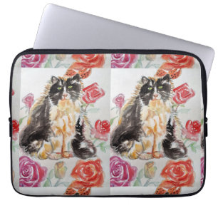 Tuxedo Cat Cute Roses Flowers Cats Watercolor Rose Laptop Sleeve
