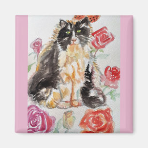 Tuxedo Cat Cute Roses Flowers Cats Watercolor Rose Magnet