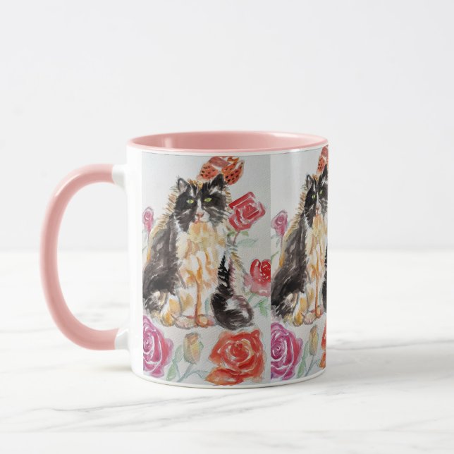 Tuxedo Cat Cute Roses Flowers Cats Watercolor Rose Mug (Left)