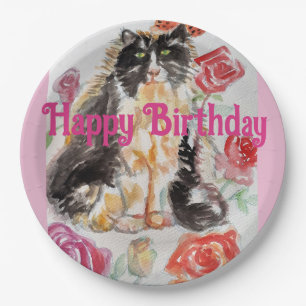 Tuxedo Cat Cute Roses Flowers Cats Watercolor Rose Paper Plate