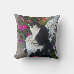 Tuxedo Cat Cute with Pretty Flowers Black Cats Cushion
