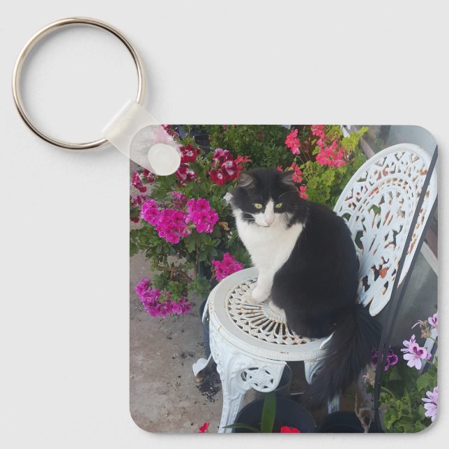 Tuxedo Cat Cute with Pretty Flowers Black Cats Key Ring (Front)