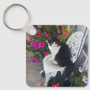 Tuxedo Cat Cute with Pretty Flowers Black Cats Key Ring