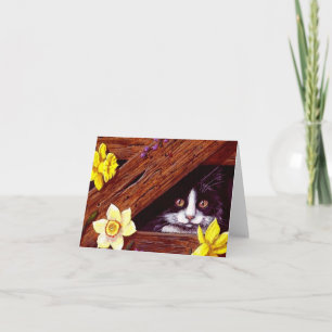 Tuxedo Cat Daffodils Art Creationarts Card